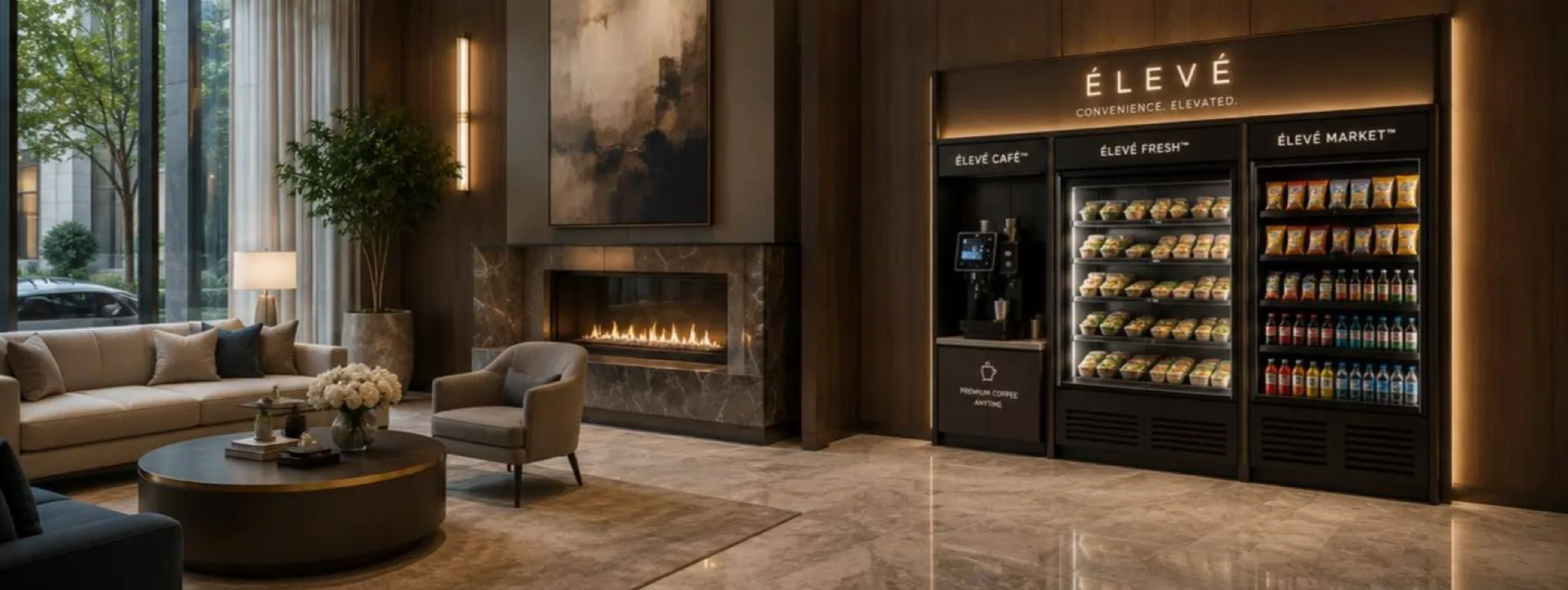 Luxury residential lobby with an integrated ÉLEVÉ coffee and market installation