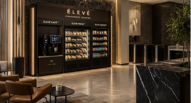 ÉLEVÉ station in a Class A office tower lobby with dark marble finishes
